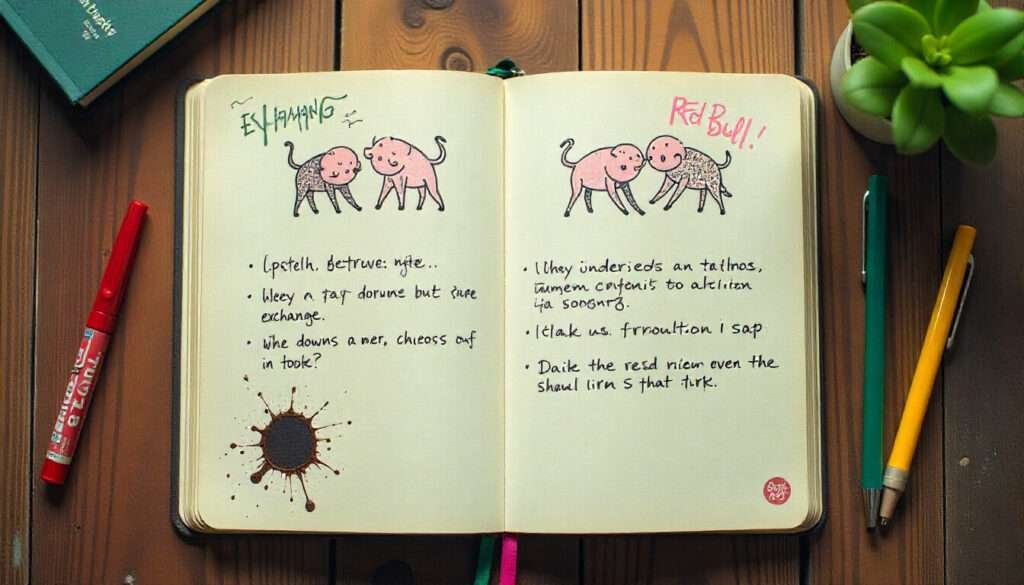Notebook with messy exchange notes, Red Bull stain, chewed pen, neon doodles.4.9sHow can Grok help?