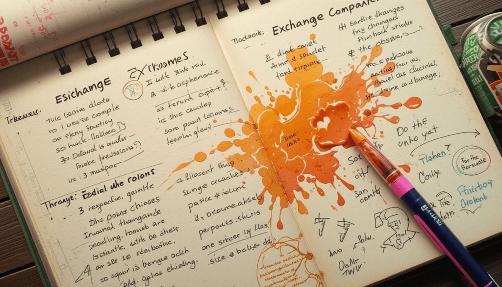 A top-down view of my notebook with doodled exchange comparisons