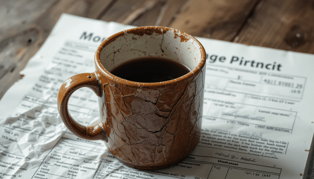 mortgage application, chipped mug; brown and anxious red.
