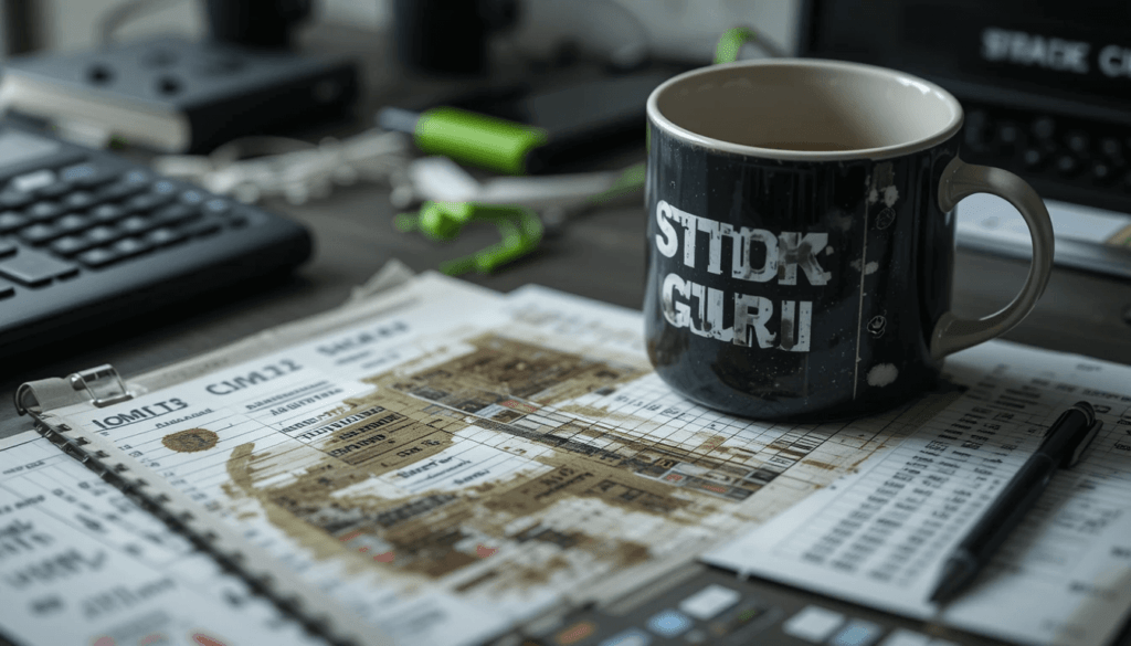 a Post-it saying “STOCKS OR BUST.” The style’s impressionistic digital painting