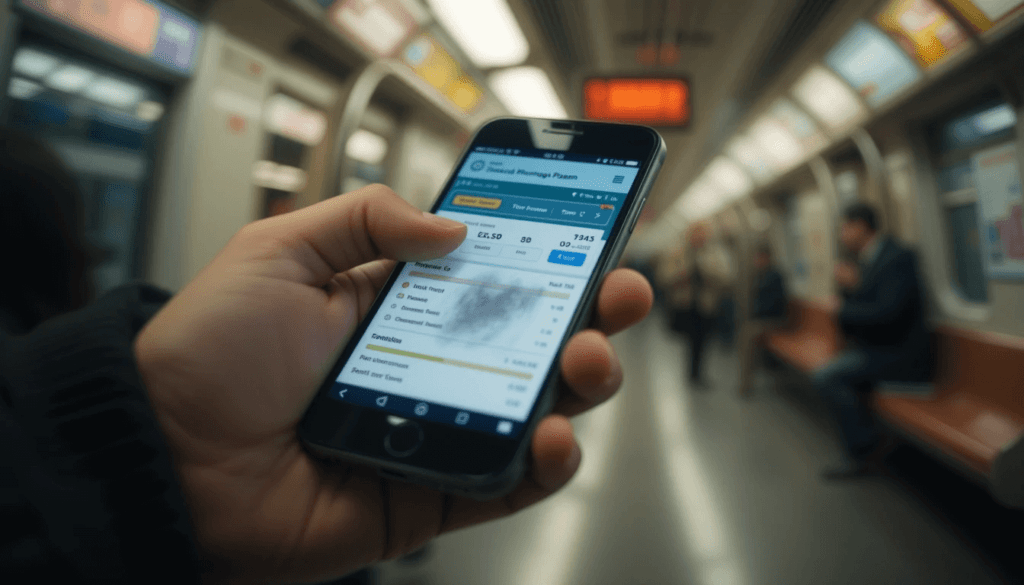 a phone glowing in dim subway light, showing a budgeting app with red overspending alerts.