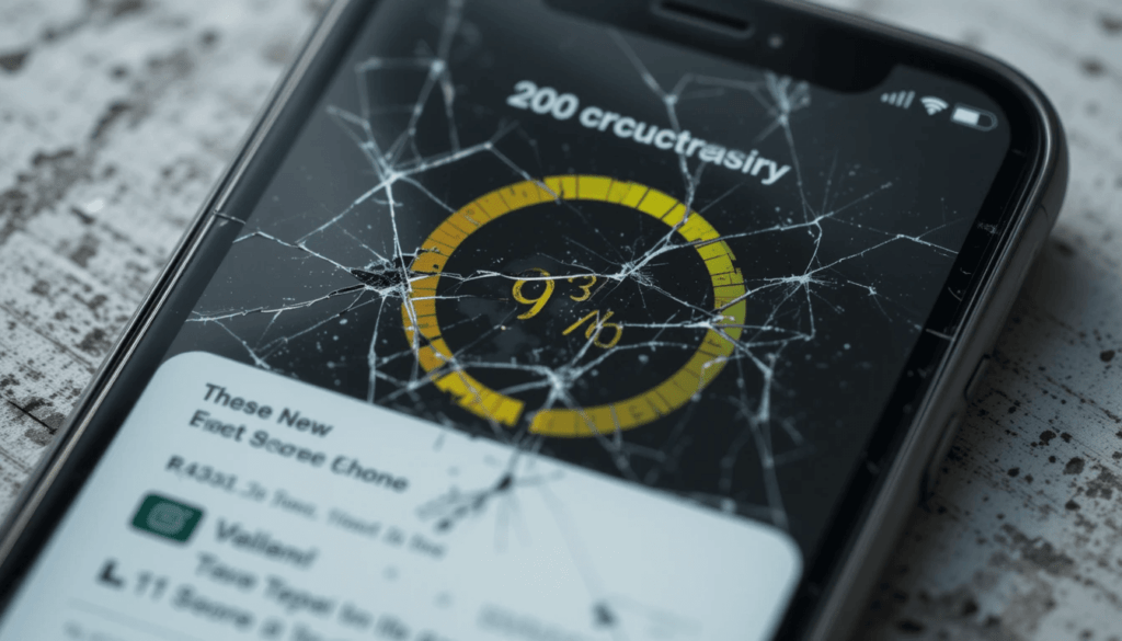my cracked phone screen showing a credit score app
