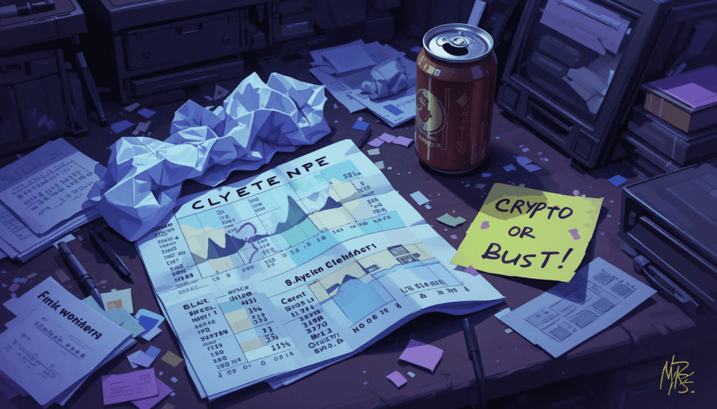 a Post-it saying “CRYPTO OR BUST.” The style’s impressionistic digital painting, with a bittersweet “I’m trying” vibe.