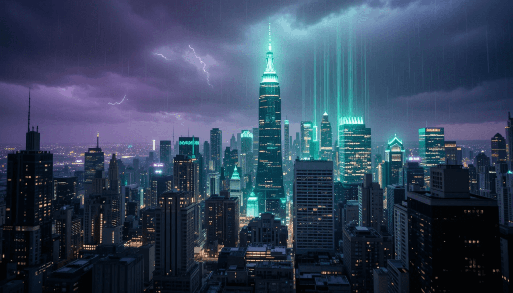image of a city skyline where buildings pulse with crypto circuit lights