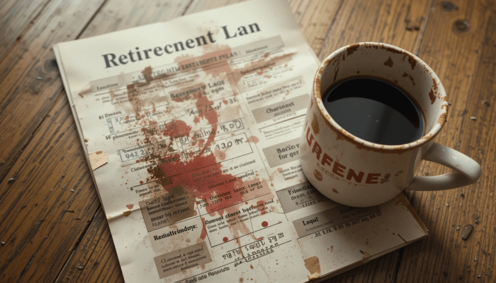 a crumpled retirement plan printout next to a chipped mug of cold coffee,