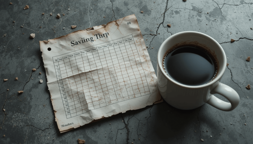 Crumpled savings tracker, chipped mug; gray and anxious red.