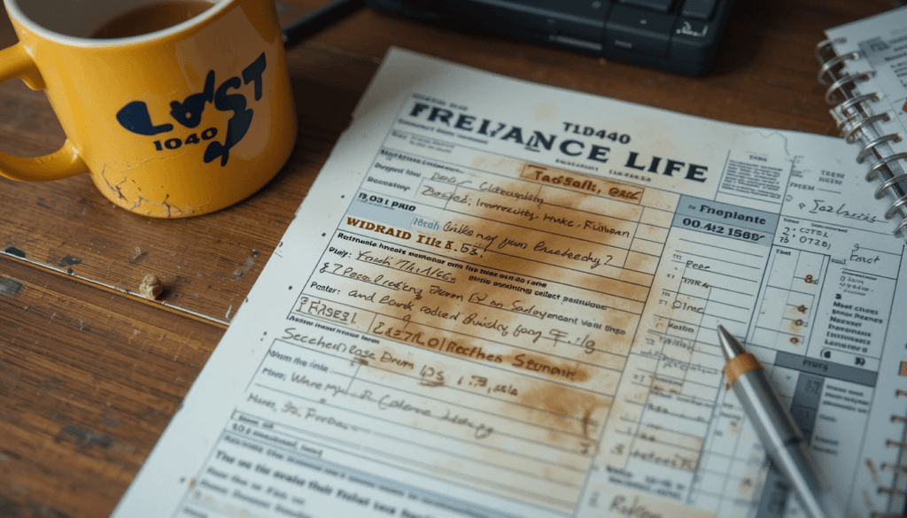Stained 1040 form beside cracked "Freelance Life" mug.