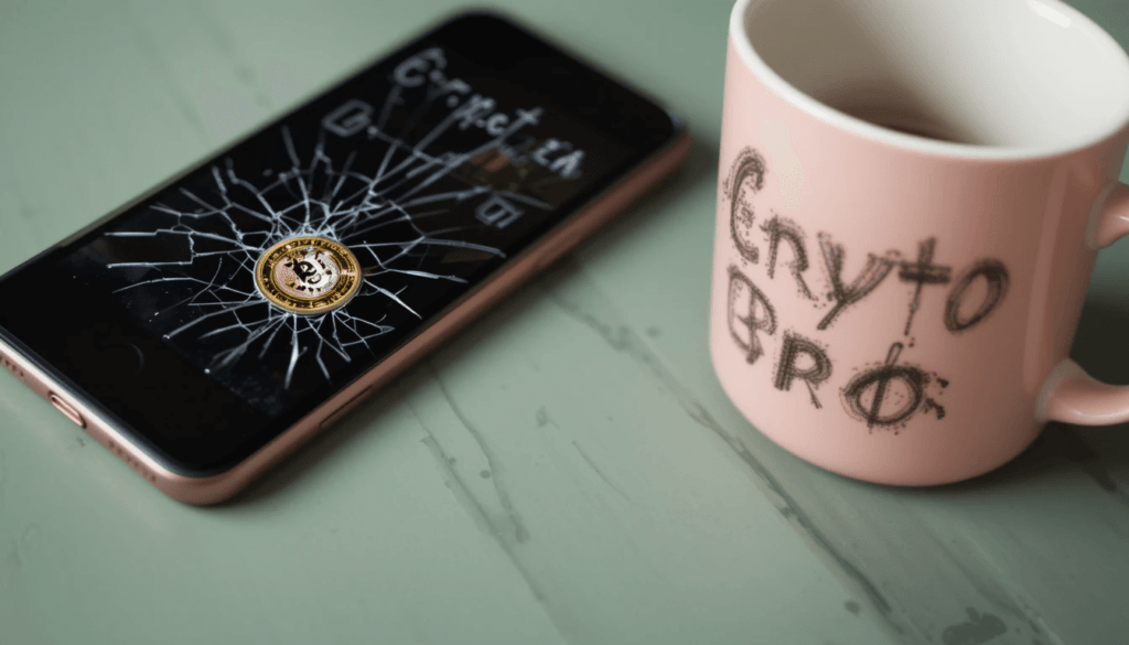 Cluttered desk with phones, crypto apps, scribbled notebook, bagel, cactus with Bitcoin sticker.