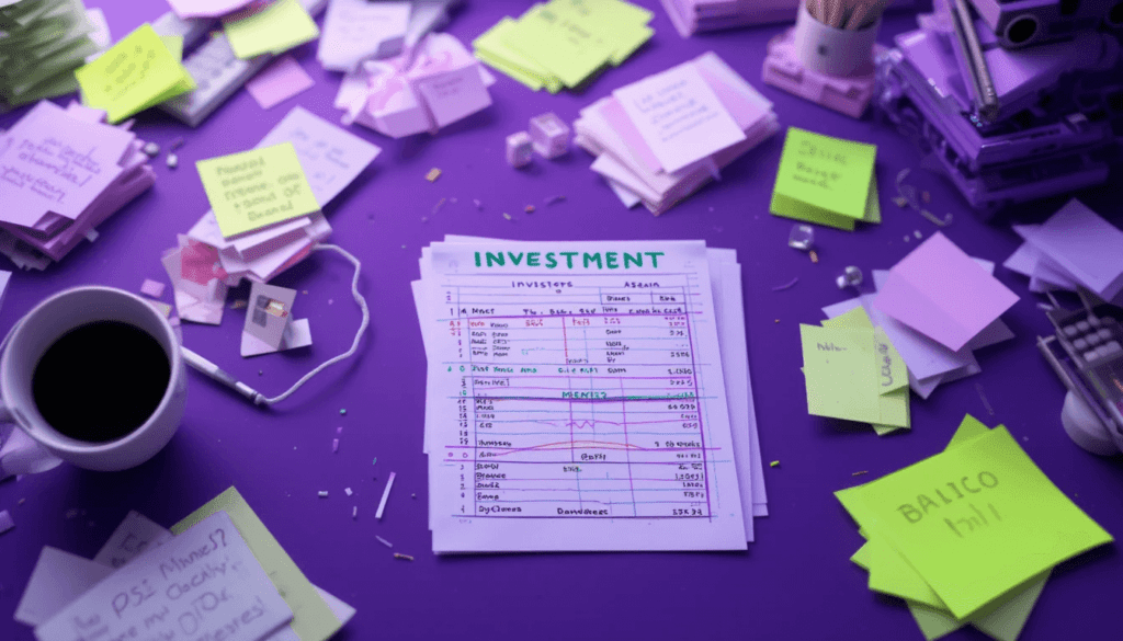 Messy desk with investment spreadsheet