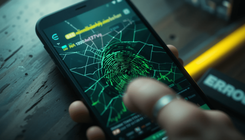 my phone showing a crypto trading app, with a cracked screen and a smudged thumbprint.