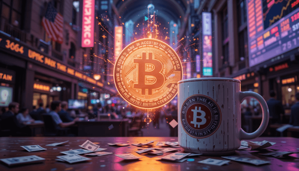 a glowing Bitcoin symbol hovering over a chaotic Wall Street trading floor