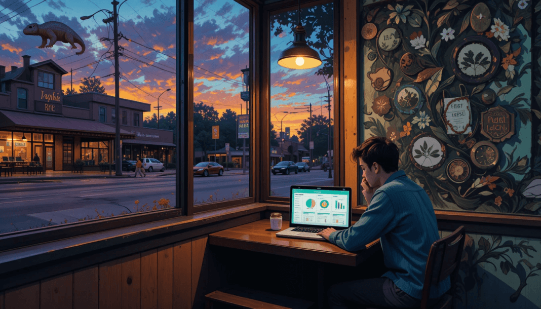 a corner table, staring at a laptop with budgeting charts