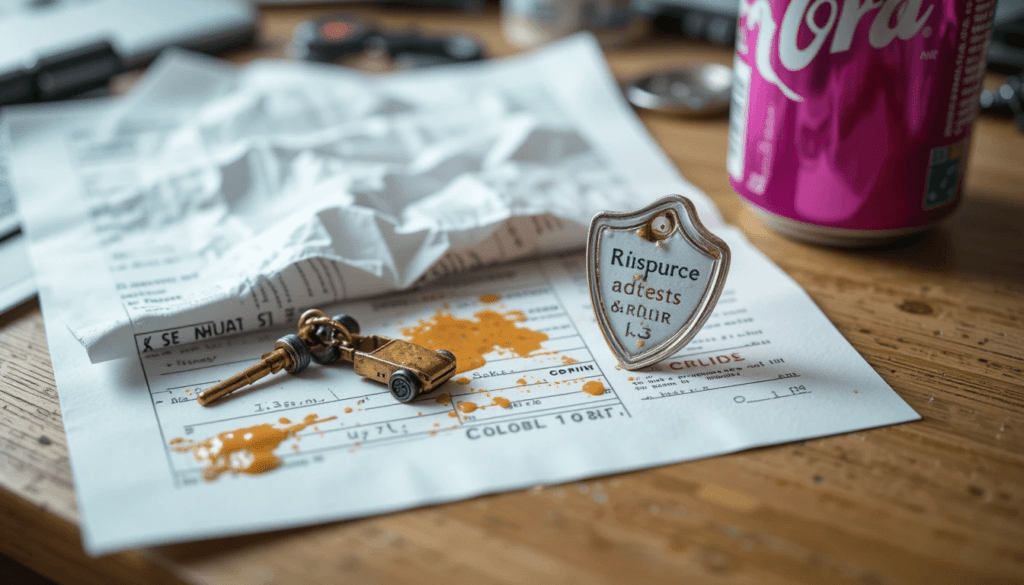 Crumpled insurance quote, chipped mug; gray and anxious red.