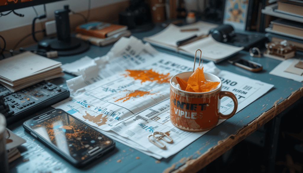 Crumpled NFT printout, chipped mug; brown and anxious red.