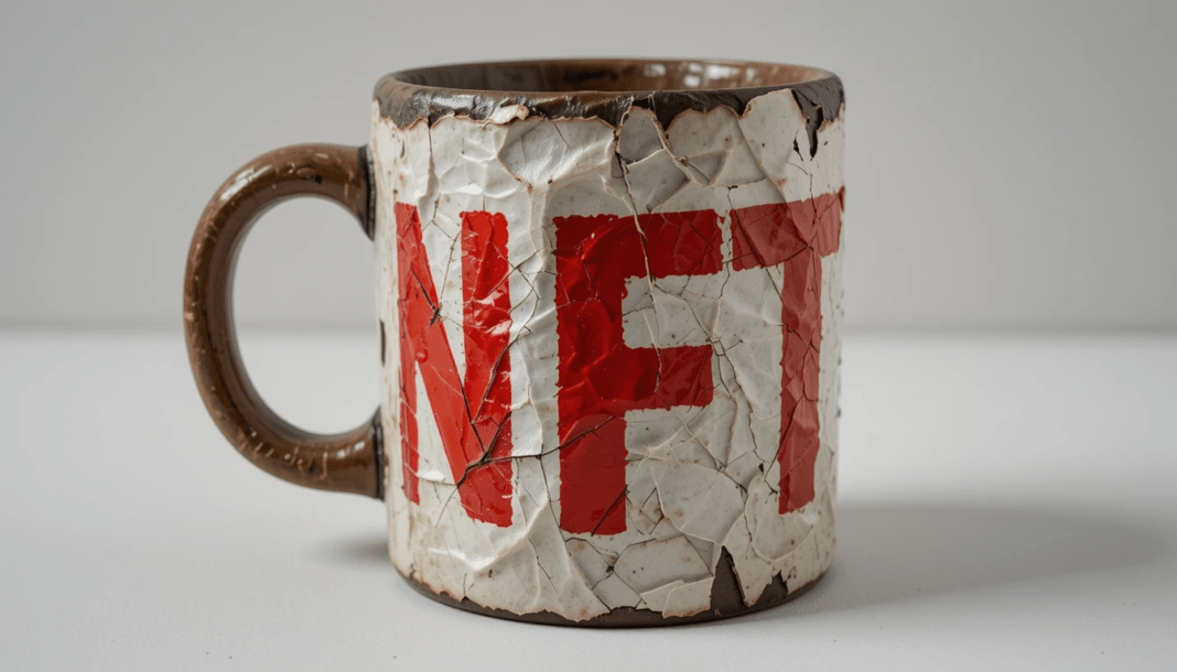 Crumpled NFT printout, chipped mug; brown and anxious red.