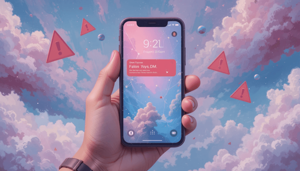 A dreamy digital painting of my phone with a fake crypto DM, my thumb hesitating over the screen.
