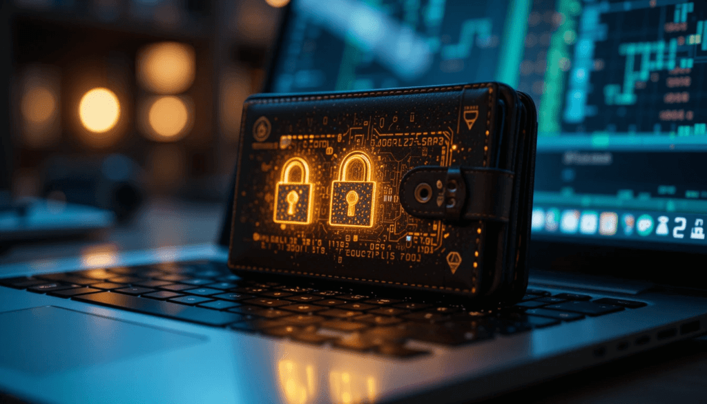 Glowing wallet with encrypted locks, reflecting my security relief.