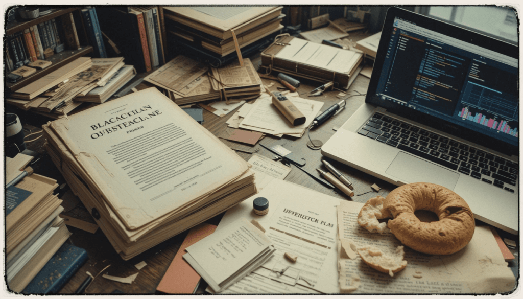 Messy desk, blockchain guide, frozen audit tool, smeared bagel.