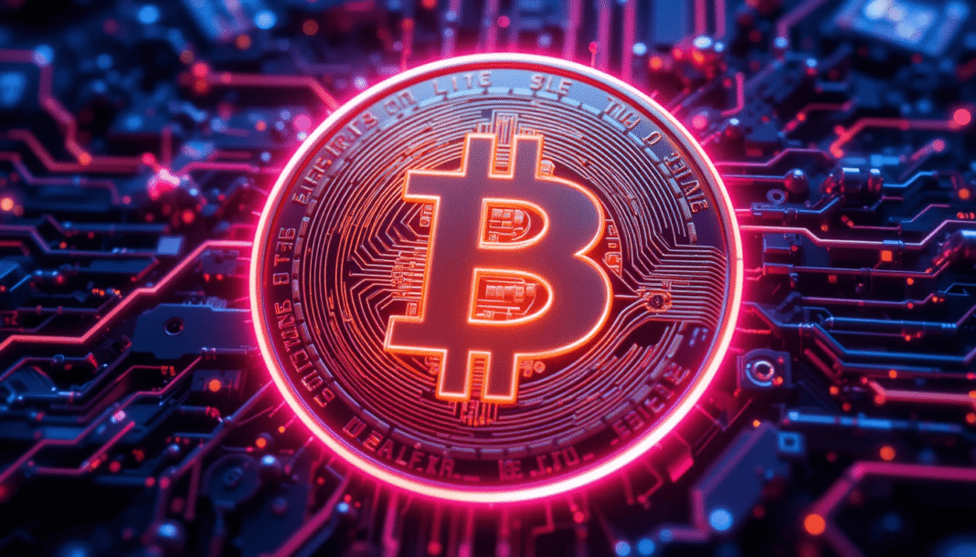 Glowing Bitcoin on neon tech background
