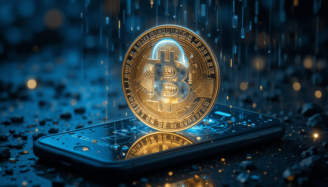 Glowing Bitcoin above phone, ghostly padlock, binary raindrops.
