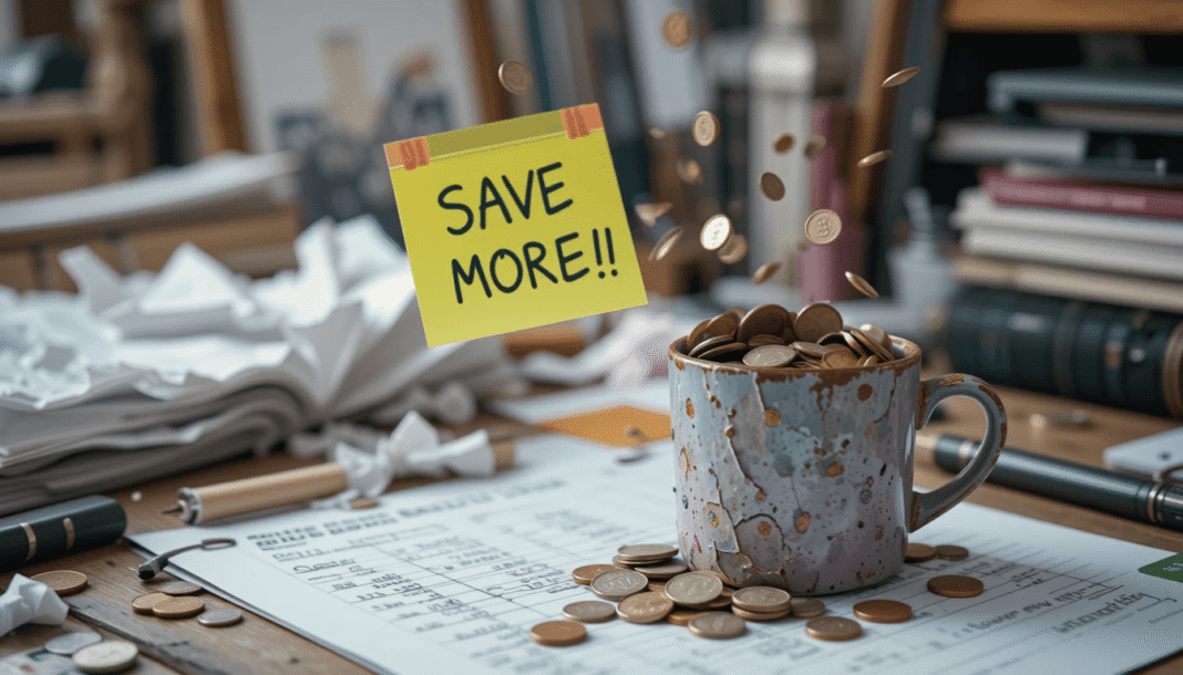 Crumpled budget sheet, chipped mug with coins, sticky note.