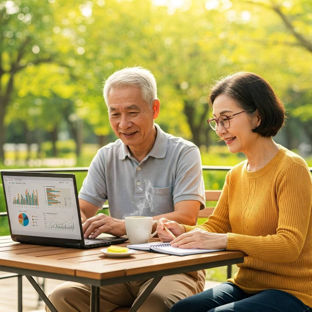 Senior couple planning retirement in sunny park cafe.