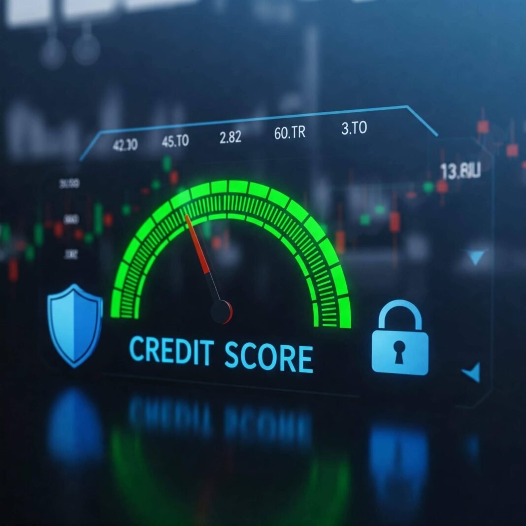 Credit score dashboard with security icons.