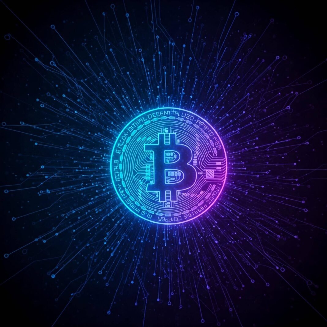 Glowing Bitcoin blockchain network.