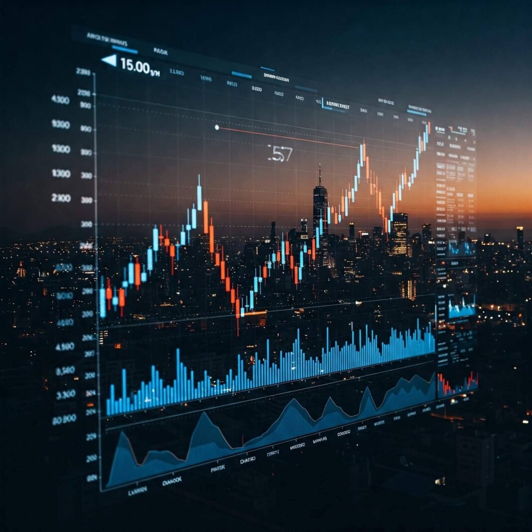 Sleek stock dashboard at dusk with city view.