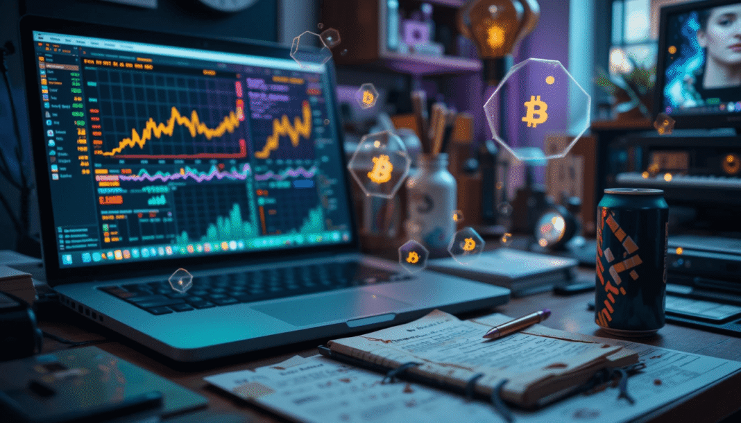laptop glowing with crypto market cap charts, a dog-eared notebook with Bitcoin prices