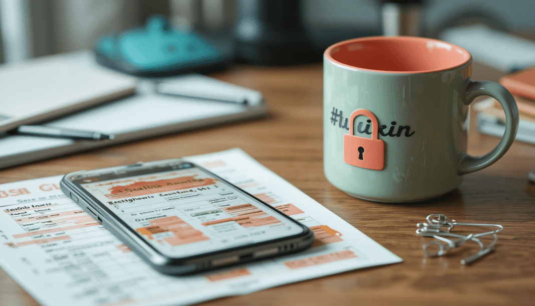 Blurry desk with stained staking spreadsheet, staking app phone, Stake It mug