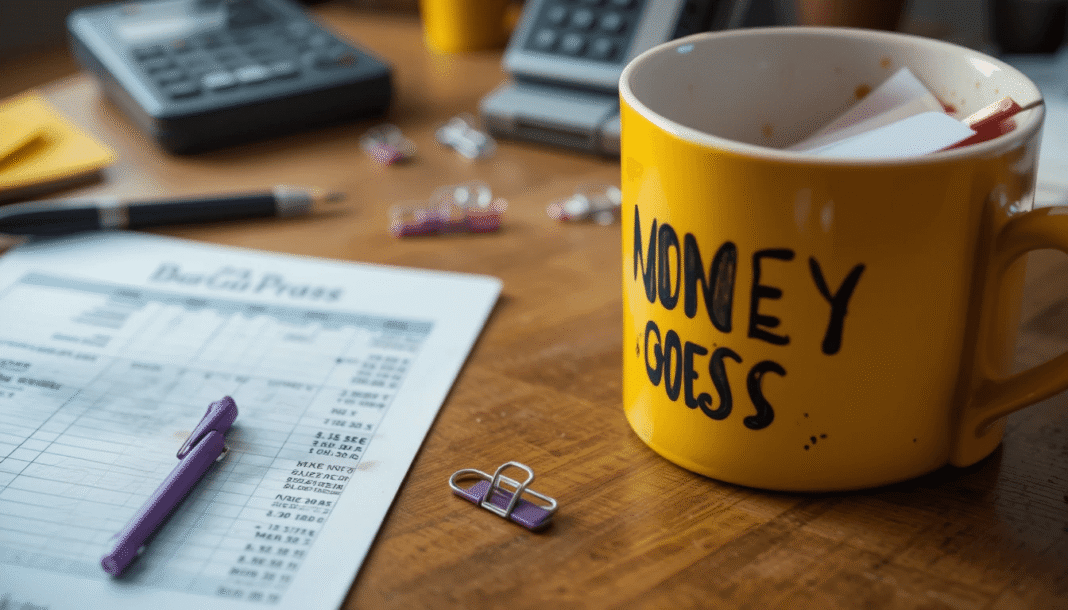 Blurry desk with smudged budget spreadsheet, scratched phone, MONEY BOSS mug, piggy bank paperclip; mustard yellow and electric purple.