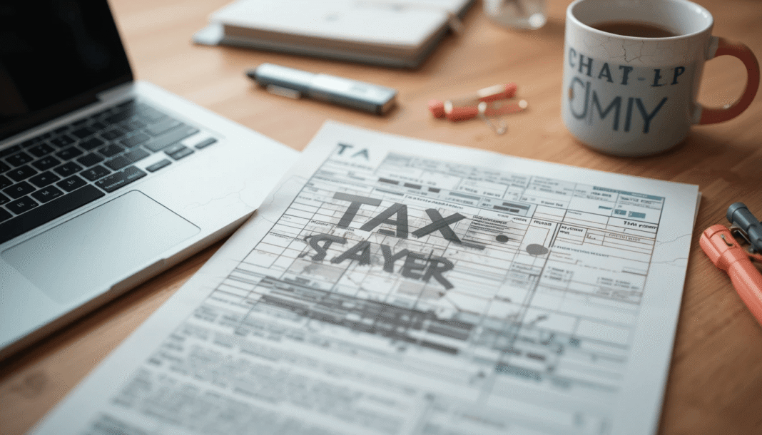Blurry desk with smudged tax printout, cracked laptop, TAX SLAYER mug, calculator paperclip; sage green and coral pink.