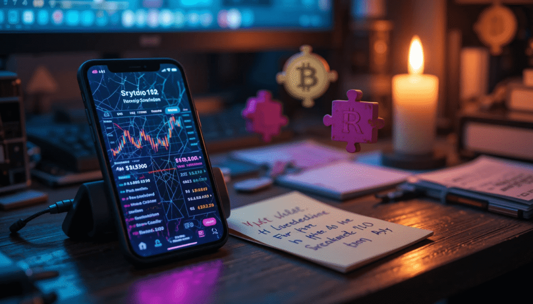 phone screen glowing with a crypto exchange app