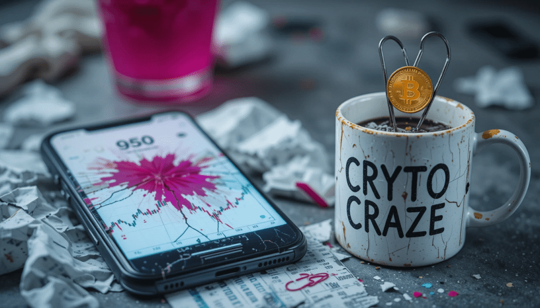 a crumpled crypto price chart with a soda smudge, a phone with a cracked screen showing a trading app,