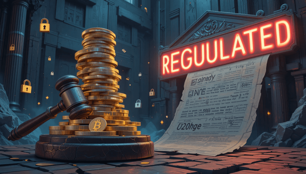 a towering stack of glowing crypto coins teetering on a cracked courthouse gavel,