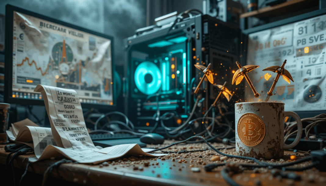 Blurry desk with glowing GPU rig, crumpled energy bill, chipped Bitcoin mug, spinning digital pickaxes.