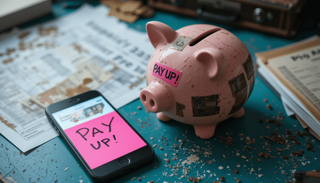 a neon pink sticky note screaming “PAY UP!”