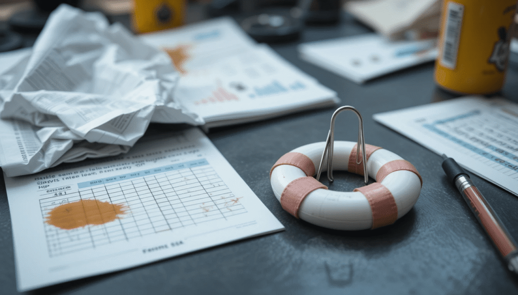 Blurry desk with stained savings tracker, bandaged piggy bank, energy drink can, paperclip life preserver