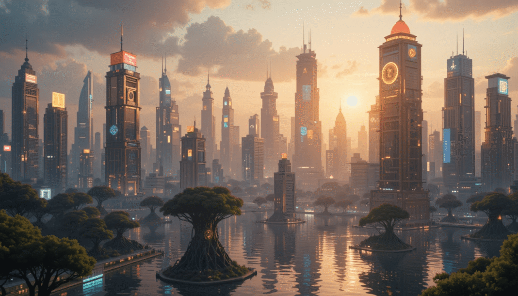 a cityscape with glowing coverage shields rising from buildings, in a futuristic digital render style with reflective sheen.