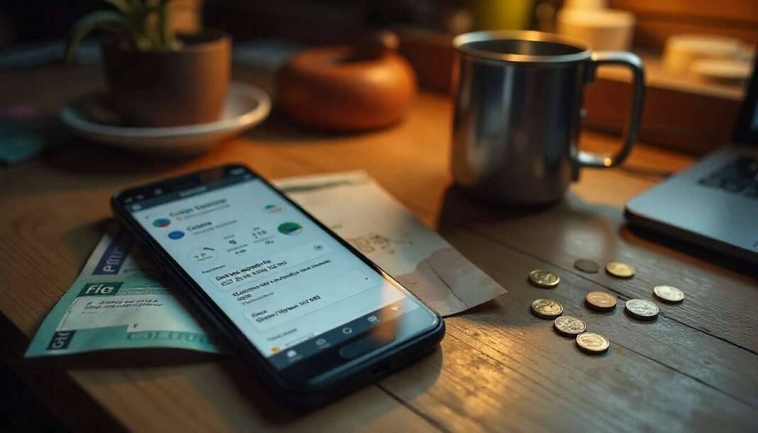 Blurry desk, cracked phone with crypto exchange app, smudged fee note, chipped Ethereum mug, wobbly coin puzzles.