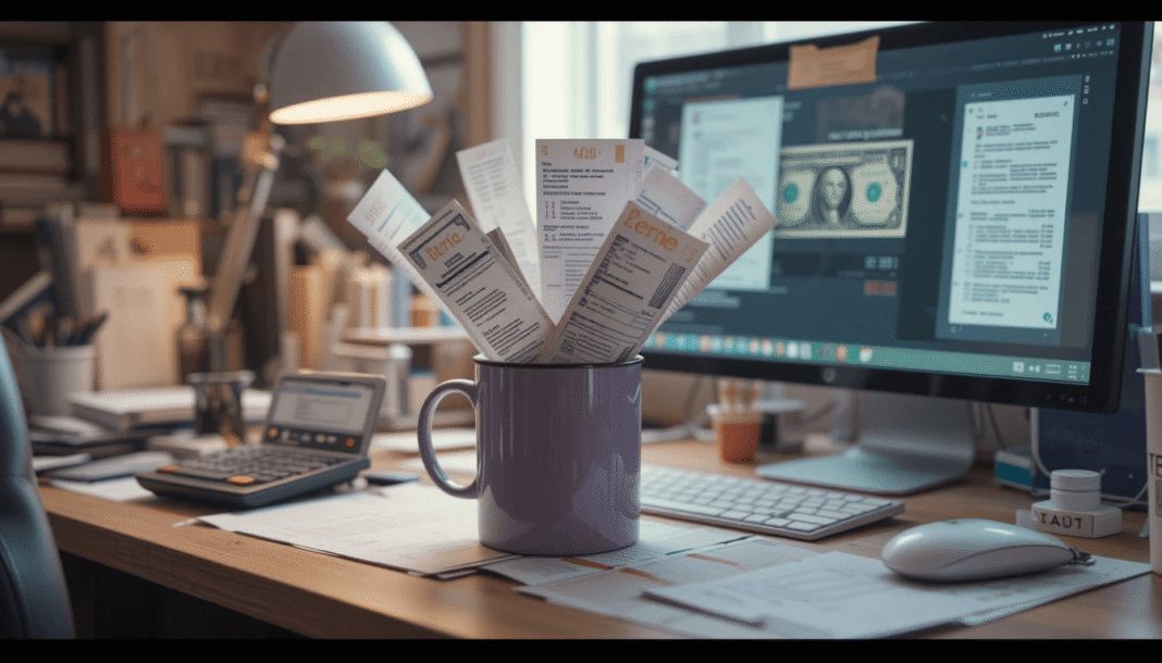 Messy desk with receipts, calculator, and 