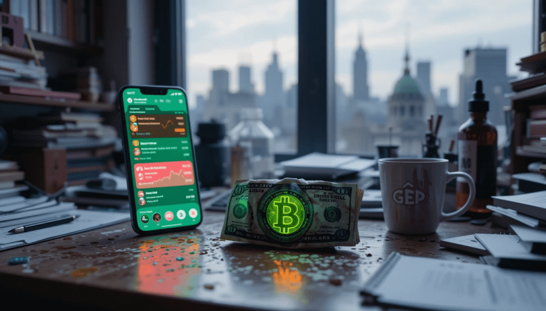 a crypto exchange dashboard with spiky blue and orange charts.