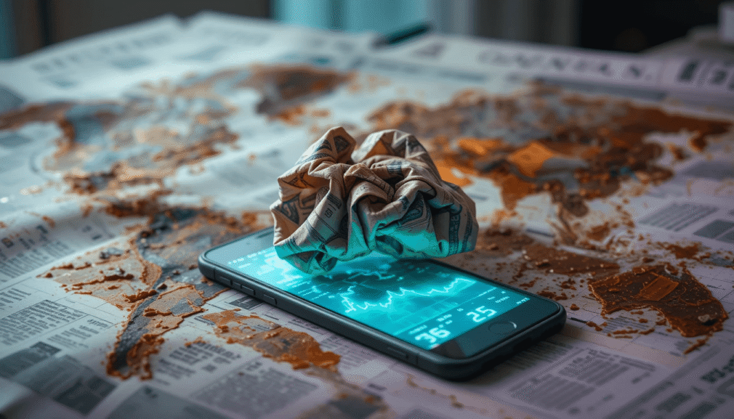 Crumpled dollar bill, glowing stock chart phone