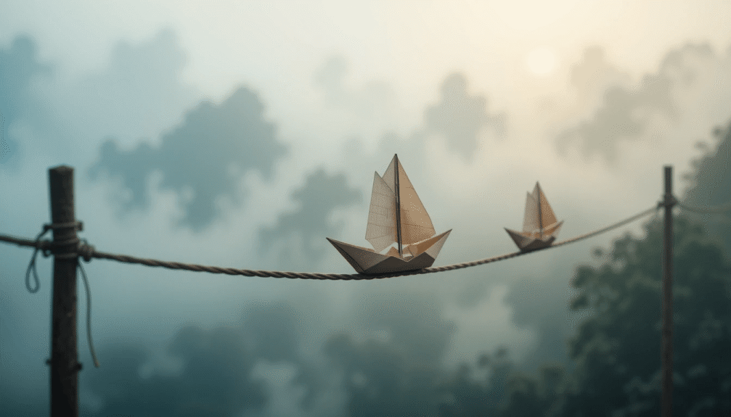 Misty art of policy papers on a tightrope with origami boats, capturing 2025 insurance vibes.