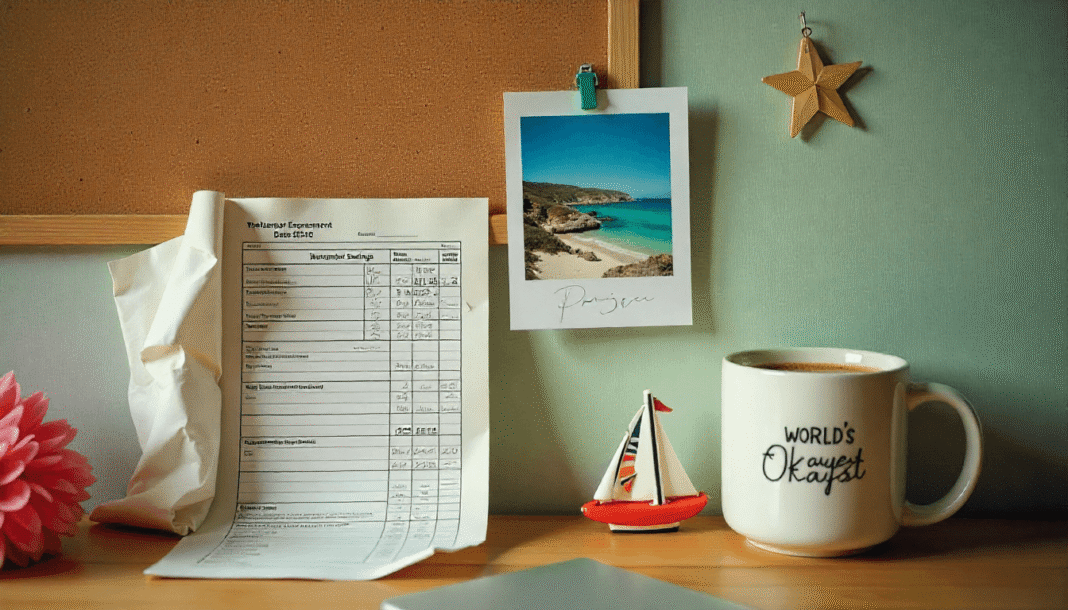 Blurry desk with stained retirement spreadsheet, beach house photo, chipped mug, sailboat keychain; sage green and coral.