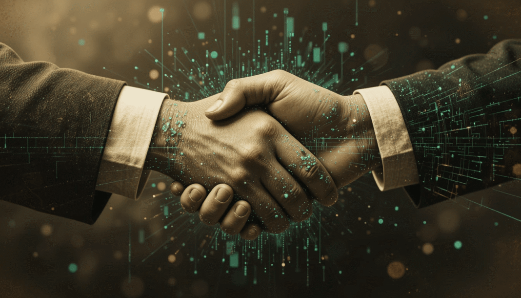 a fading client handshake dissolving into digital graphs