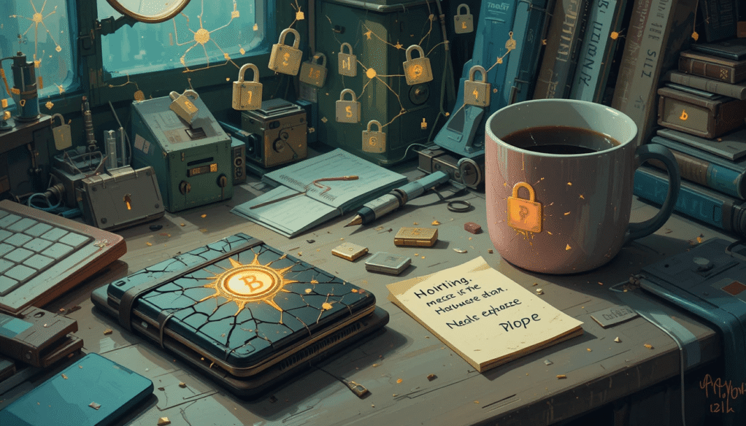 cracked phone, seed phrase note, padlock constellations.