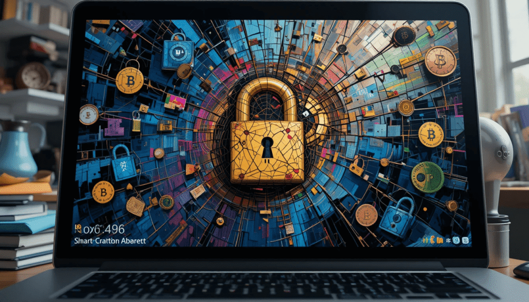 Chaotic art of cracked DeFi interface with node padlocks, capturing 2025 crypto vibes