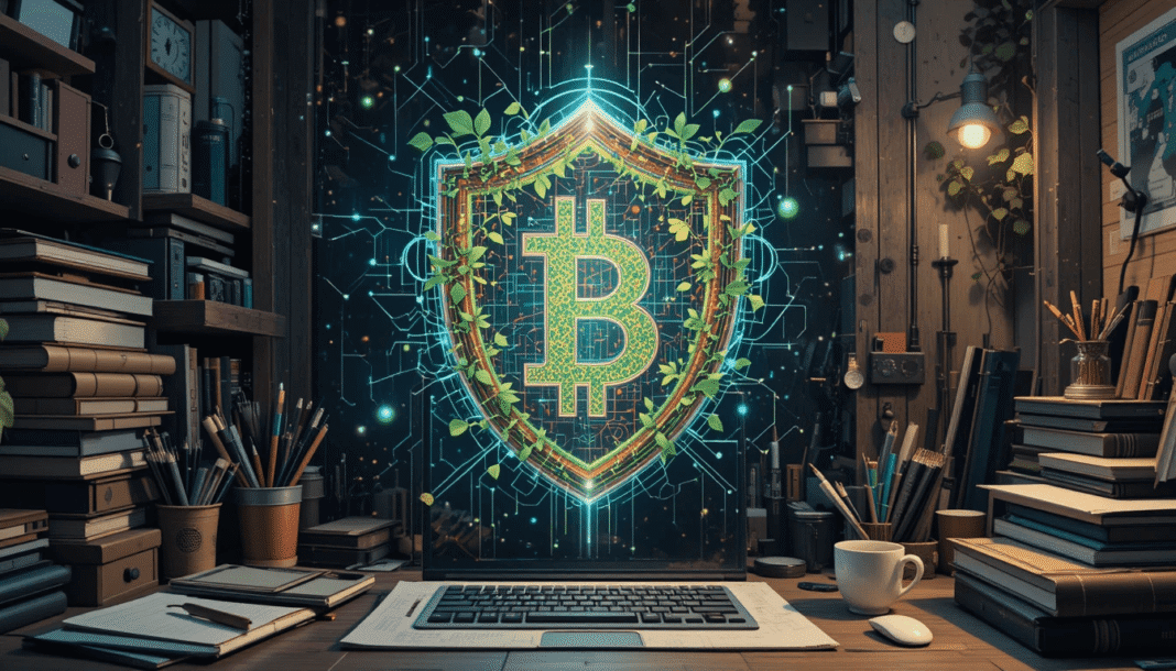 Holographic art of blockchain shield with cyber vines, capturing 2025 crypto vibes.